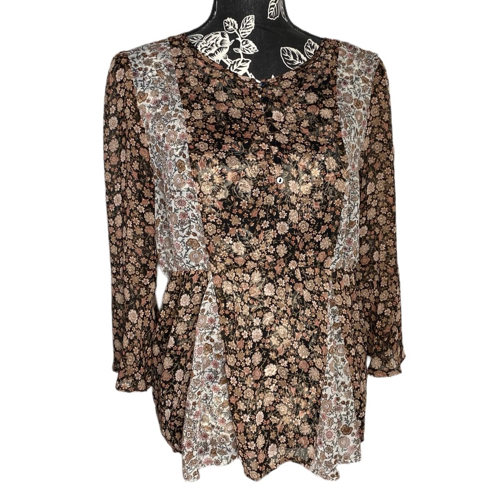 Maurice’s Vintage Boho Style Sheer Floral Blouse 3/4 Bell Sleeve Elastic Waist M